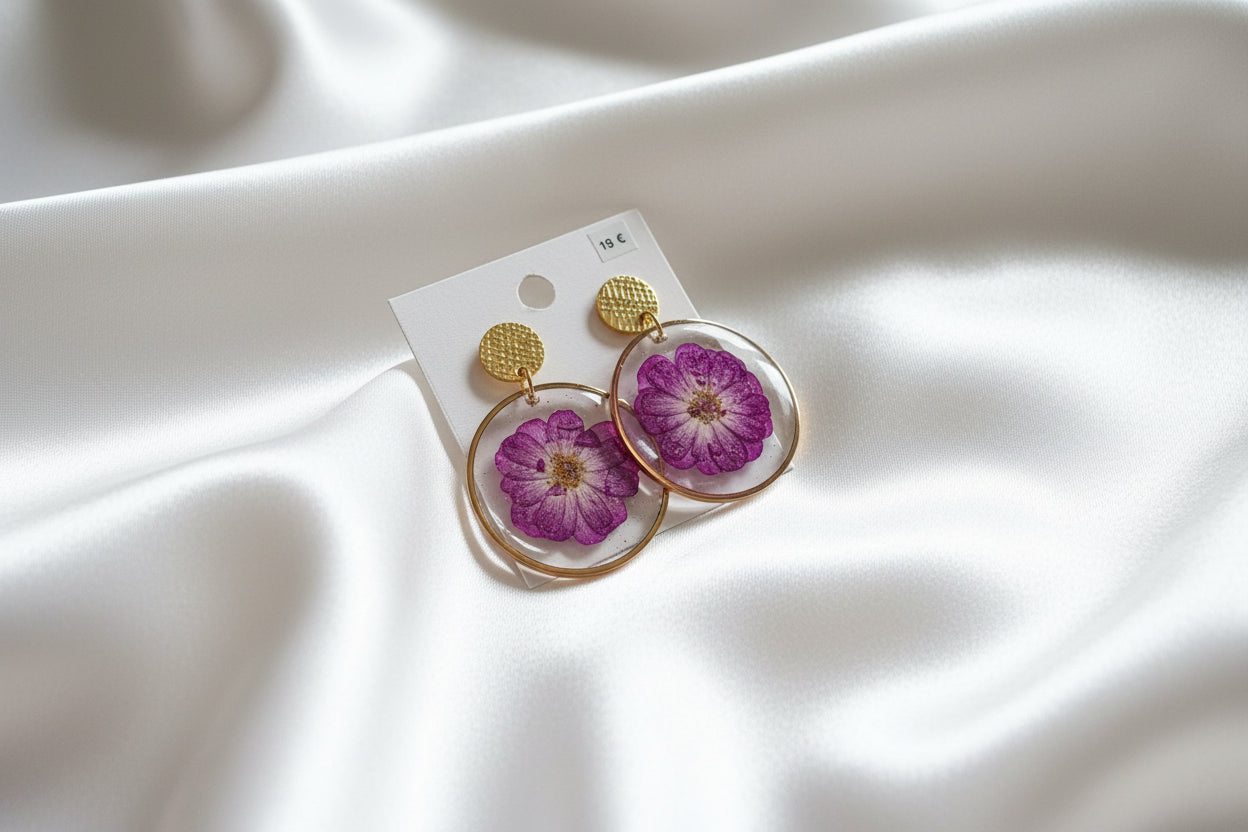 Boucles d'oreilles fleurs naturelles rose sauvage