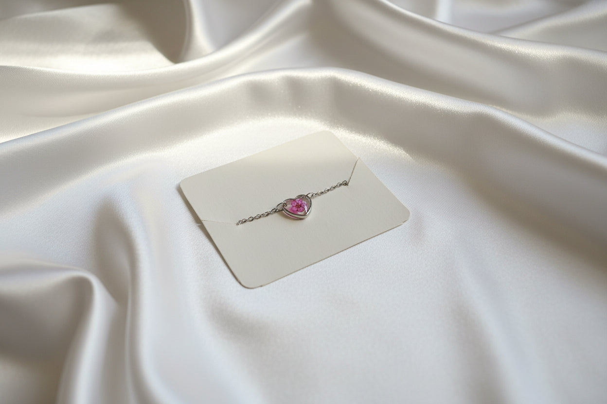 Collier coeur argent Myosotis fleur fuchsia