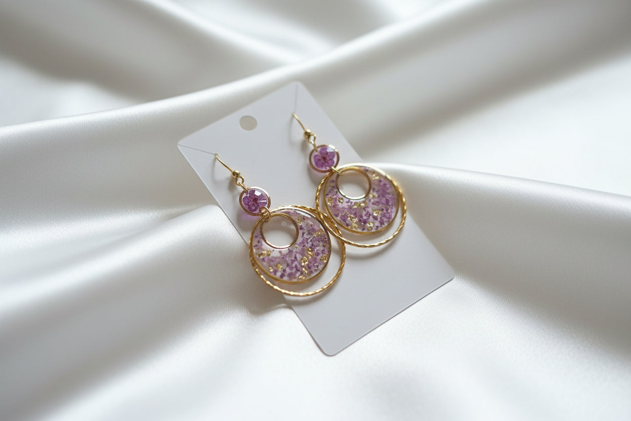 Boucles d'oreille or pendantes fleurs naturelles