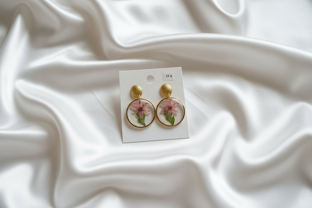 Boucles d'oreilles fleur naturelle rose